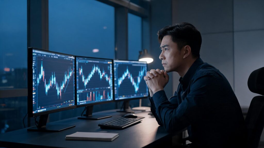 Trader concentrato davanti ai grafici mentre gestisce ansia e decisioni operative nel trading
